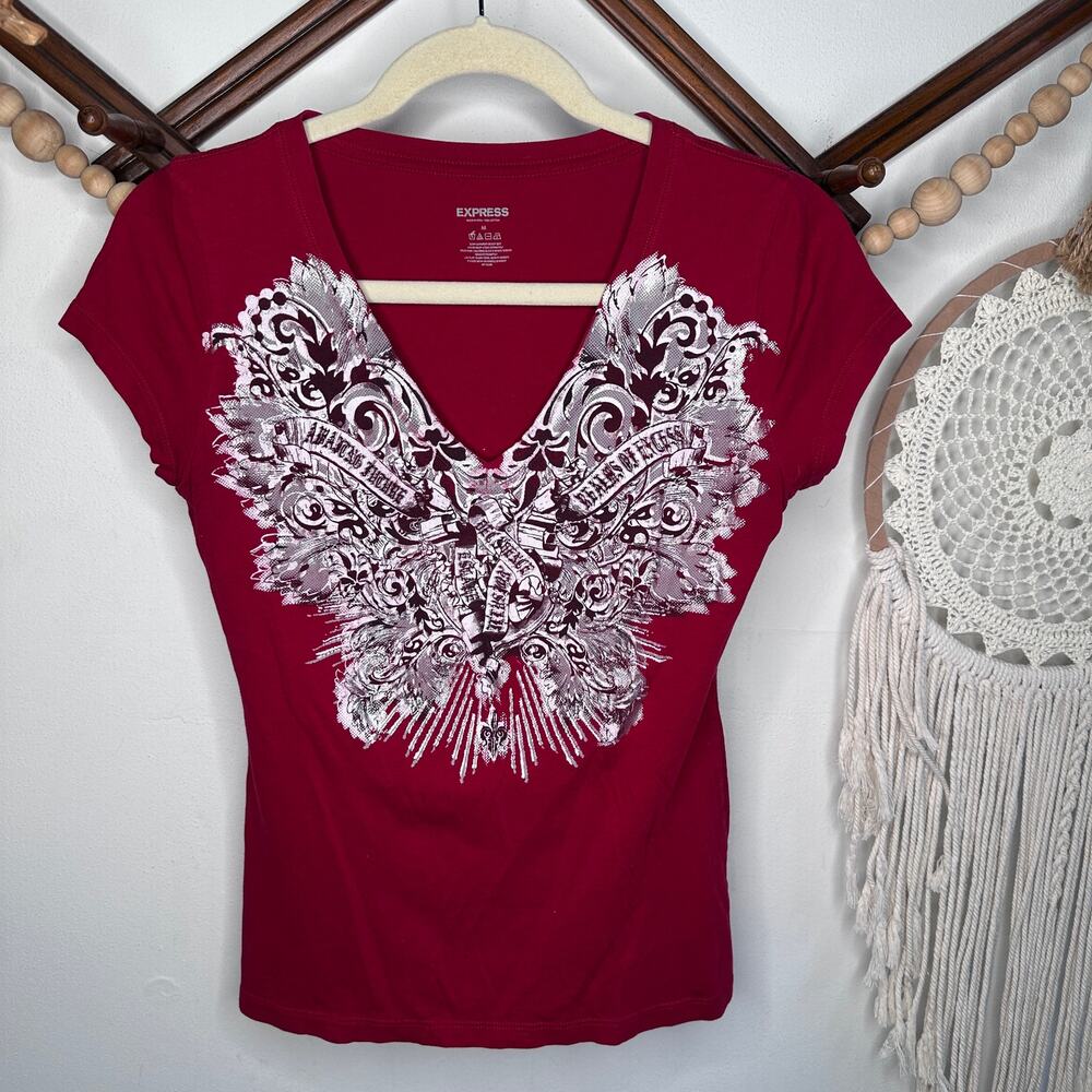 Vintage Y2K Express Ornate Silver Deep V Neck Red Graphic T